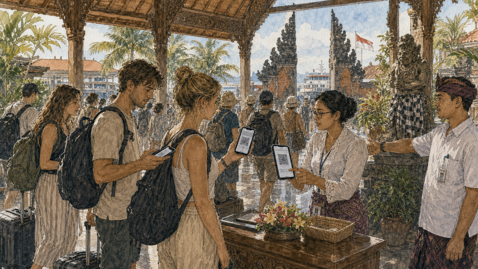 Ilustración de ONEPRESS de turistas mostrando vales QR de la tasa turística de Bali