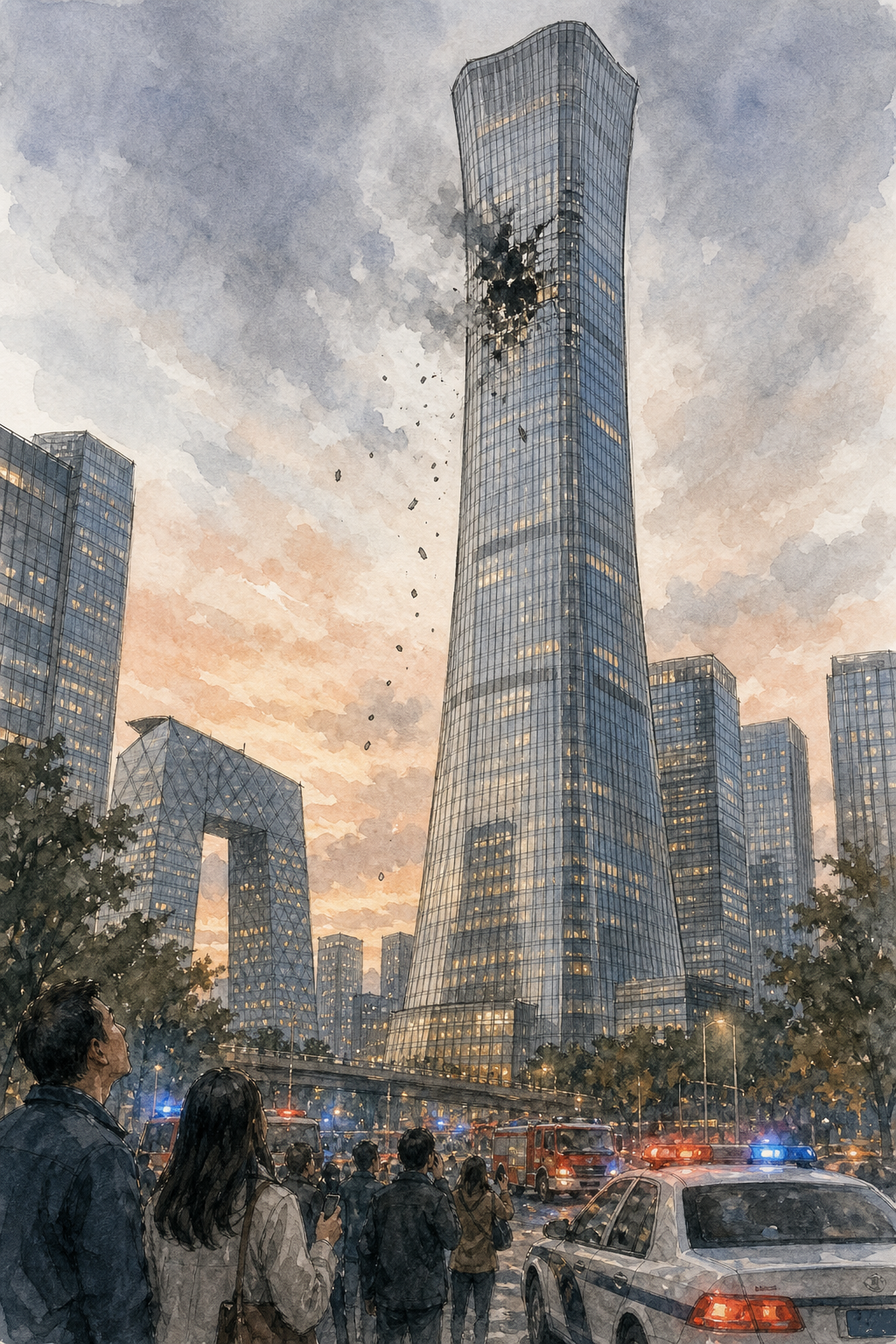 Phác họa màu nước tòa CITIC ở Bắc Kinh sau cú va chạm của máy bay nhỏ