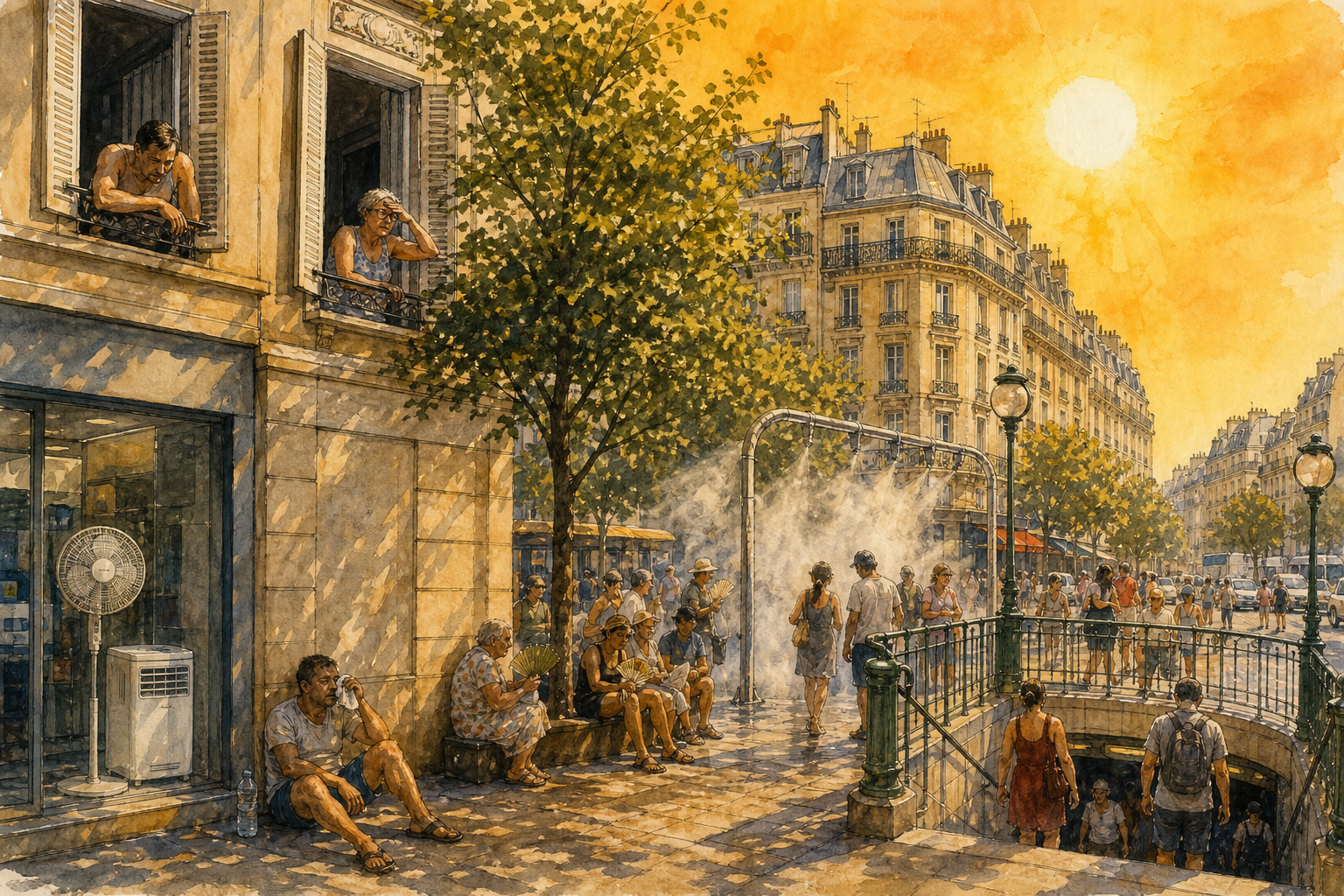 Ilustración de ONEPRESS de un París sofocante con entrada al metro, niebla de enfriamiento y un aire acondicionado portátil en una tienda