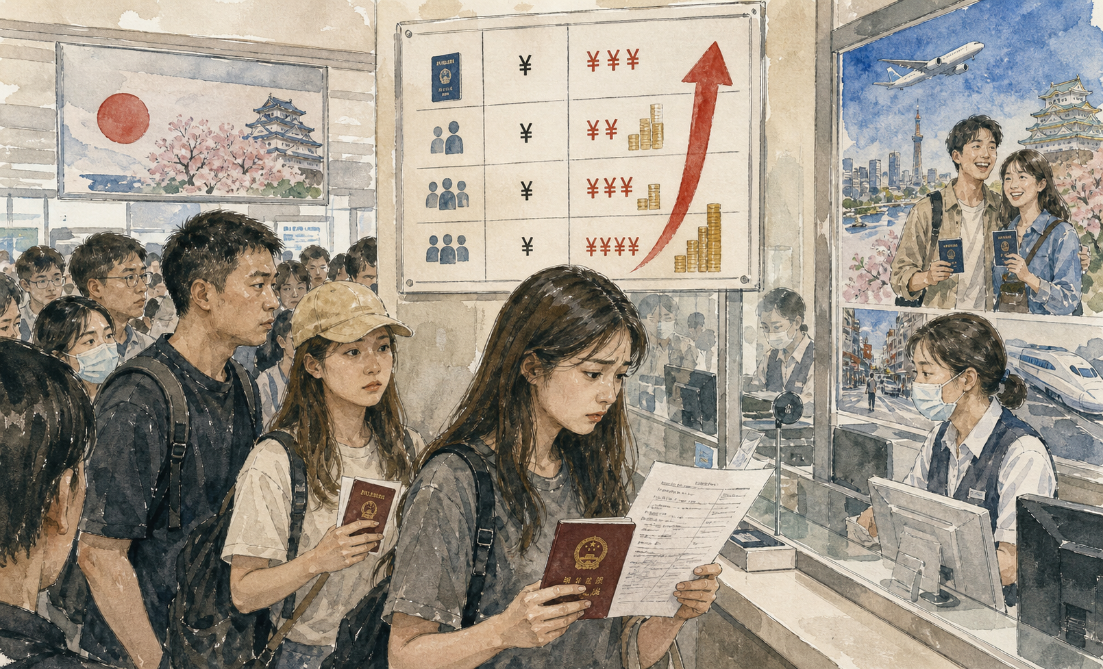 일본 비자 접수 창구 앞에서 중국 여행객들이 비용 인상 안내판을 보는 장면을 그린 ONEPRESS 스케치