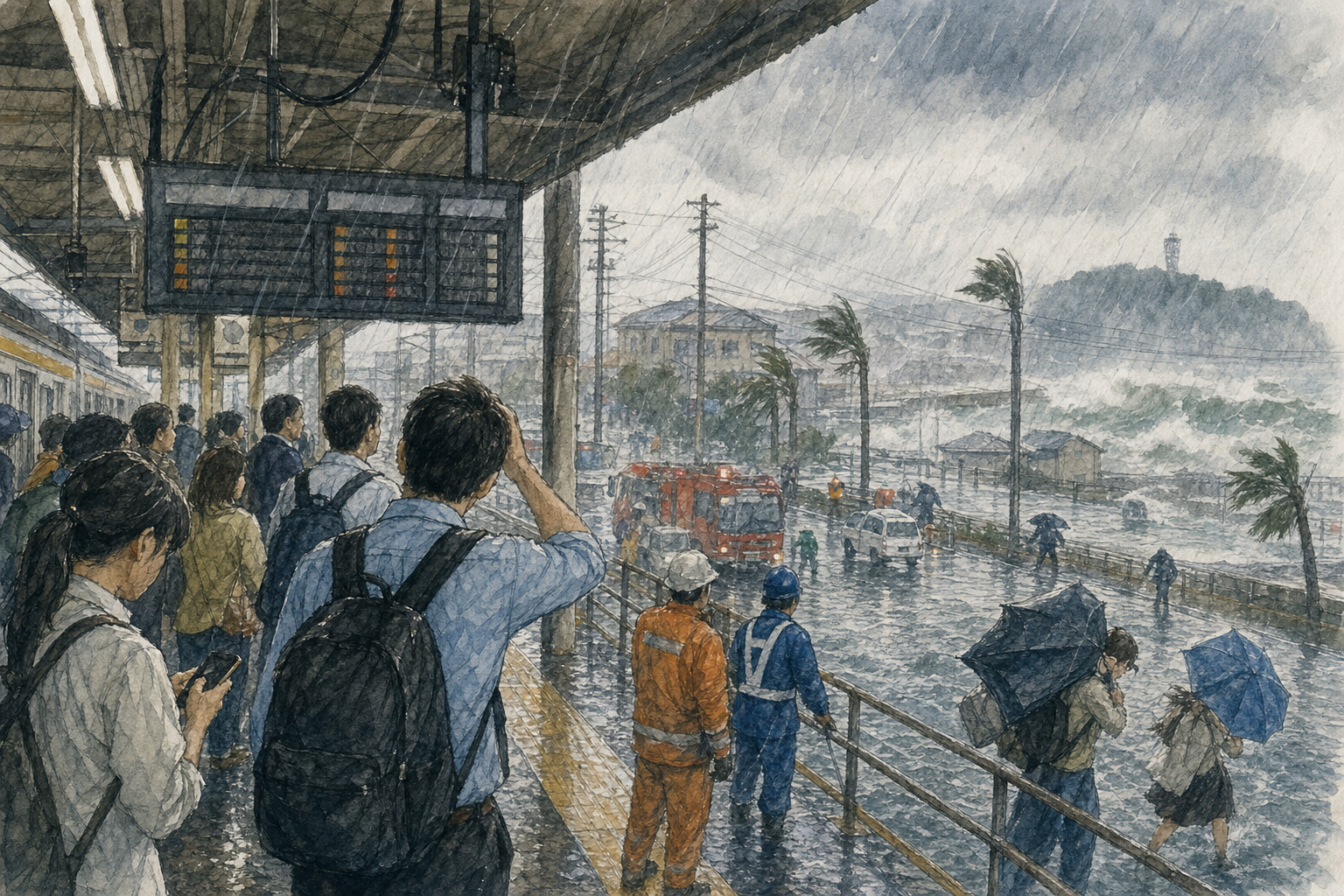 暴雨强风中日本乘客查看列车信息屏的水彩新闻插画