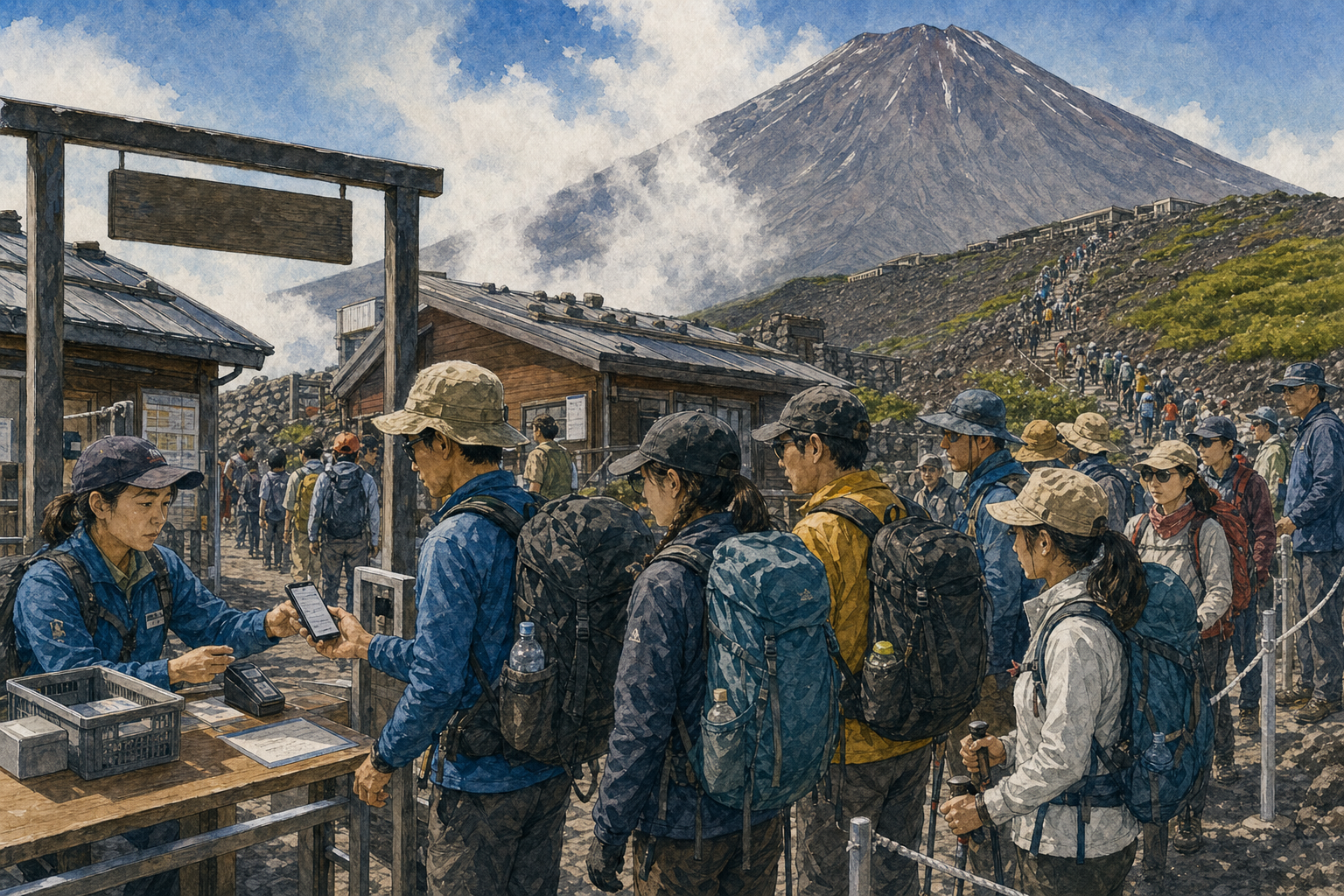 ONEPRESS sketch of hikers lining up at a Mount Fuji gate and showing reservation screens