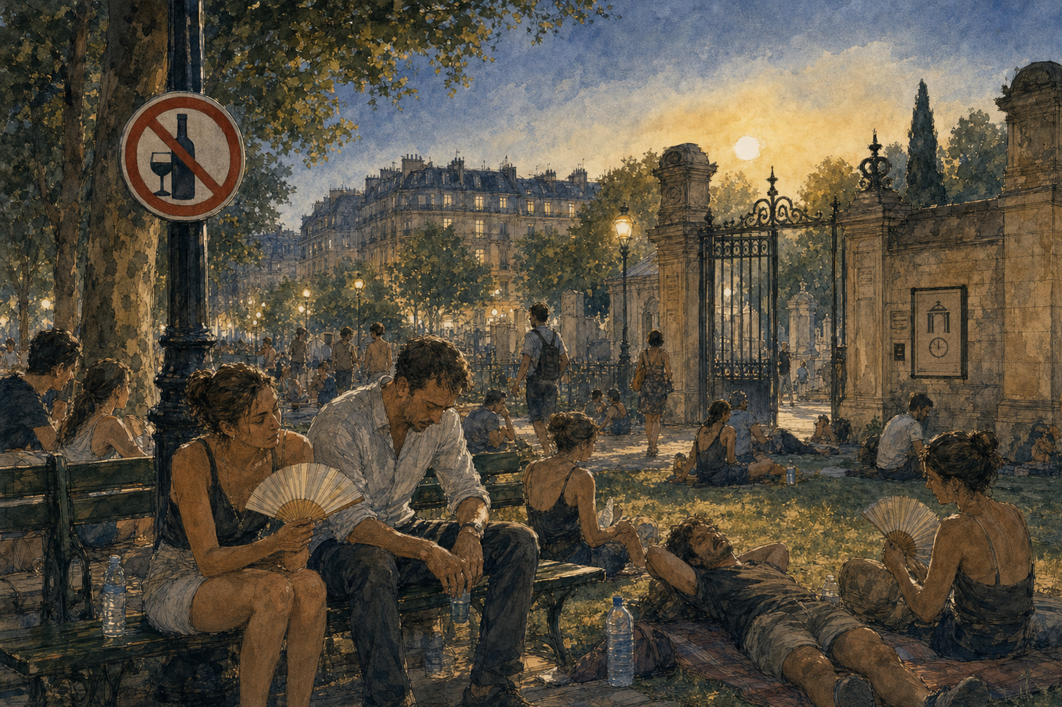 Ilustración tipo boceto de un parque nocturno en París, una señal de prohibido beber y un aviso de cierre de cementerio a las 15:00