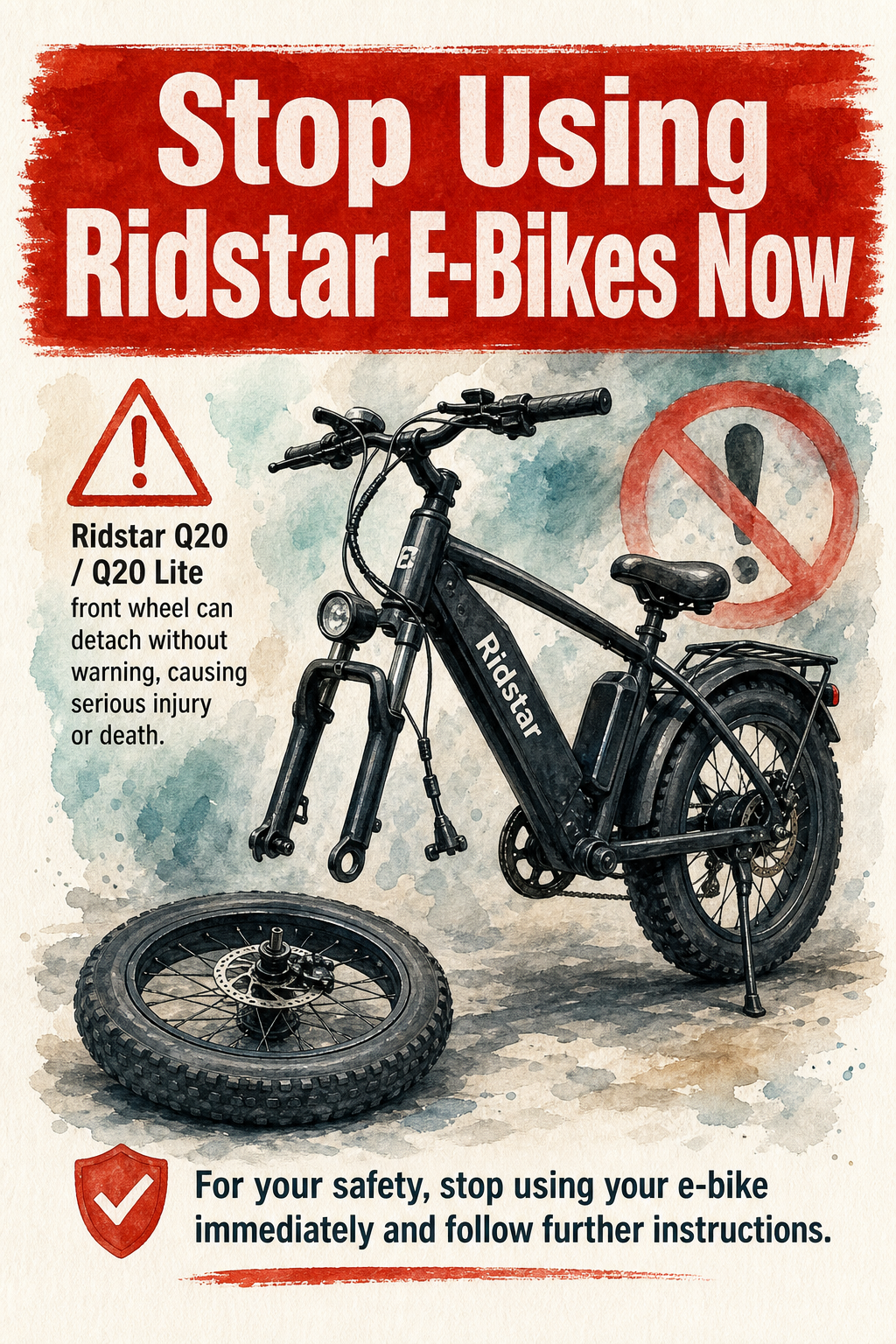 Watercolor safety poster showing a Ridstar e-bike with a detached front wheel
