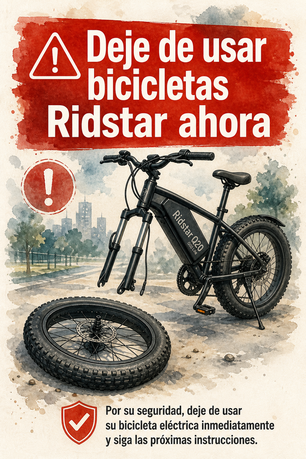 Póster de seguridad en acuarela con una bicicleta Ridstar y la rueda delantera separada