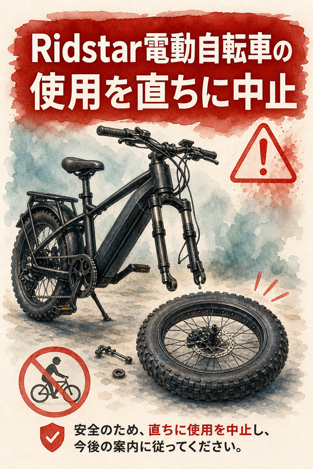 前輪が外れたRidstar電動自転車を描いた水彩の安全ポスター