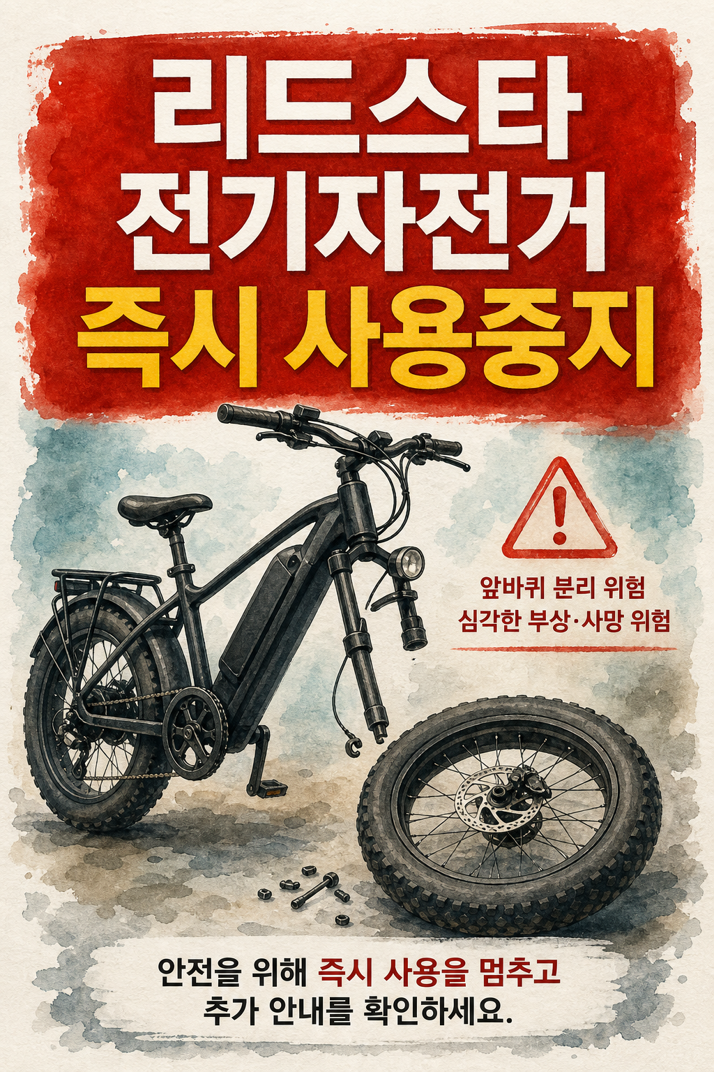 앞바퀴가 분리된 Ridstar 전기자전거를 수채화 스타일로 그린 생활안전 포스터
