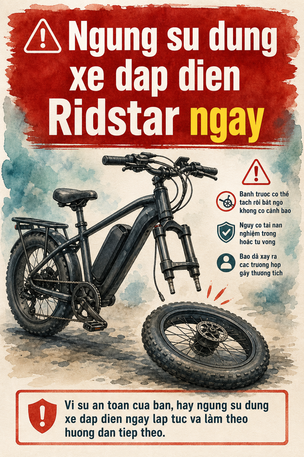 Poster an toan mau nuoc ve xe dap dien Ridstar voi banh truoc tach roi