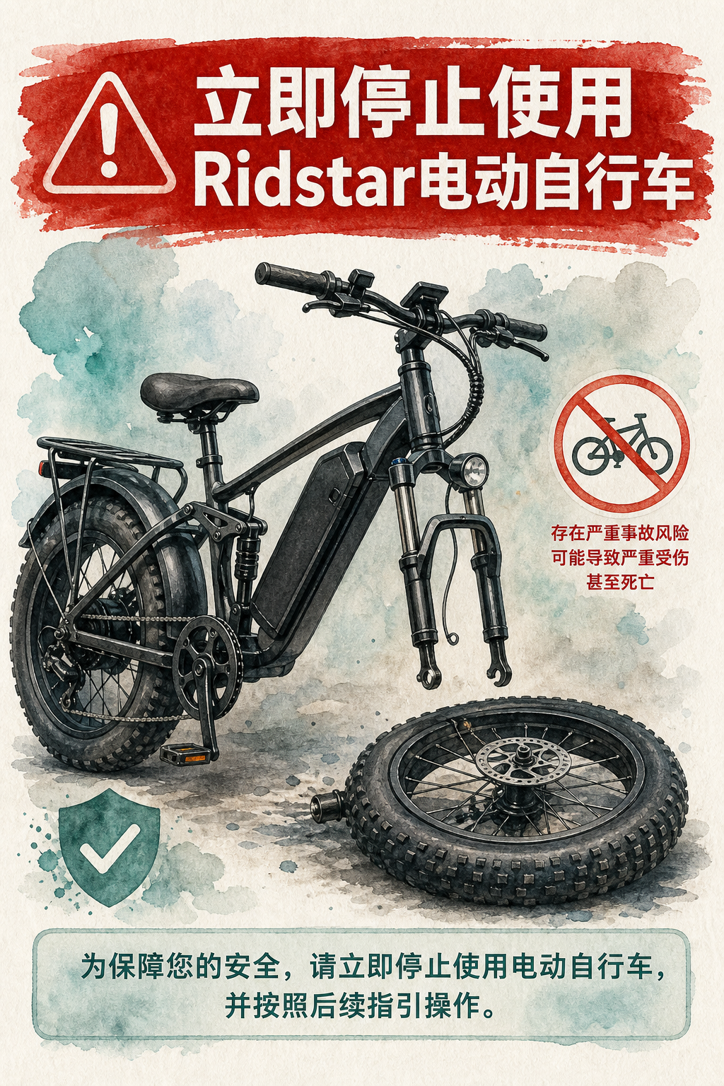 一张展示Ridstar电动自行车前轮脱落风险的水彩安全海报
