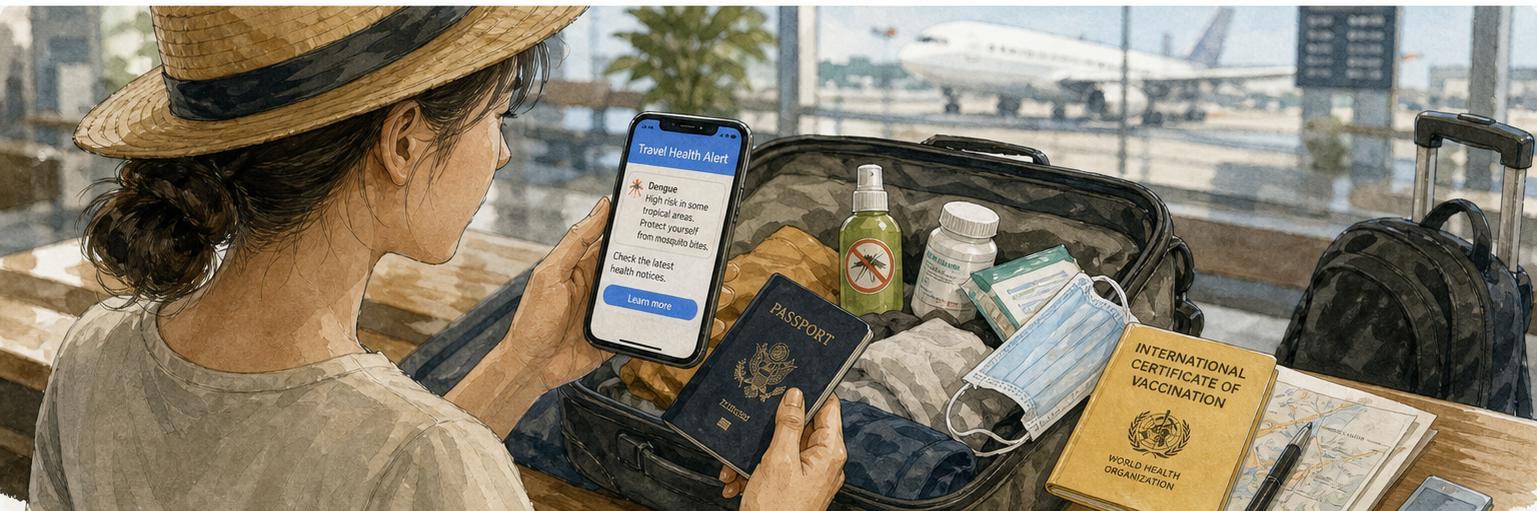 Watercolor sketch of a traveler at an airport checking passport, insect repellent and health alerts on a phone