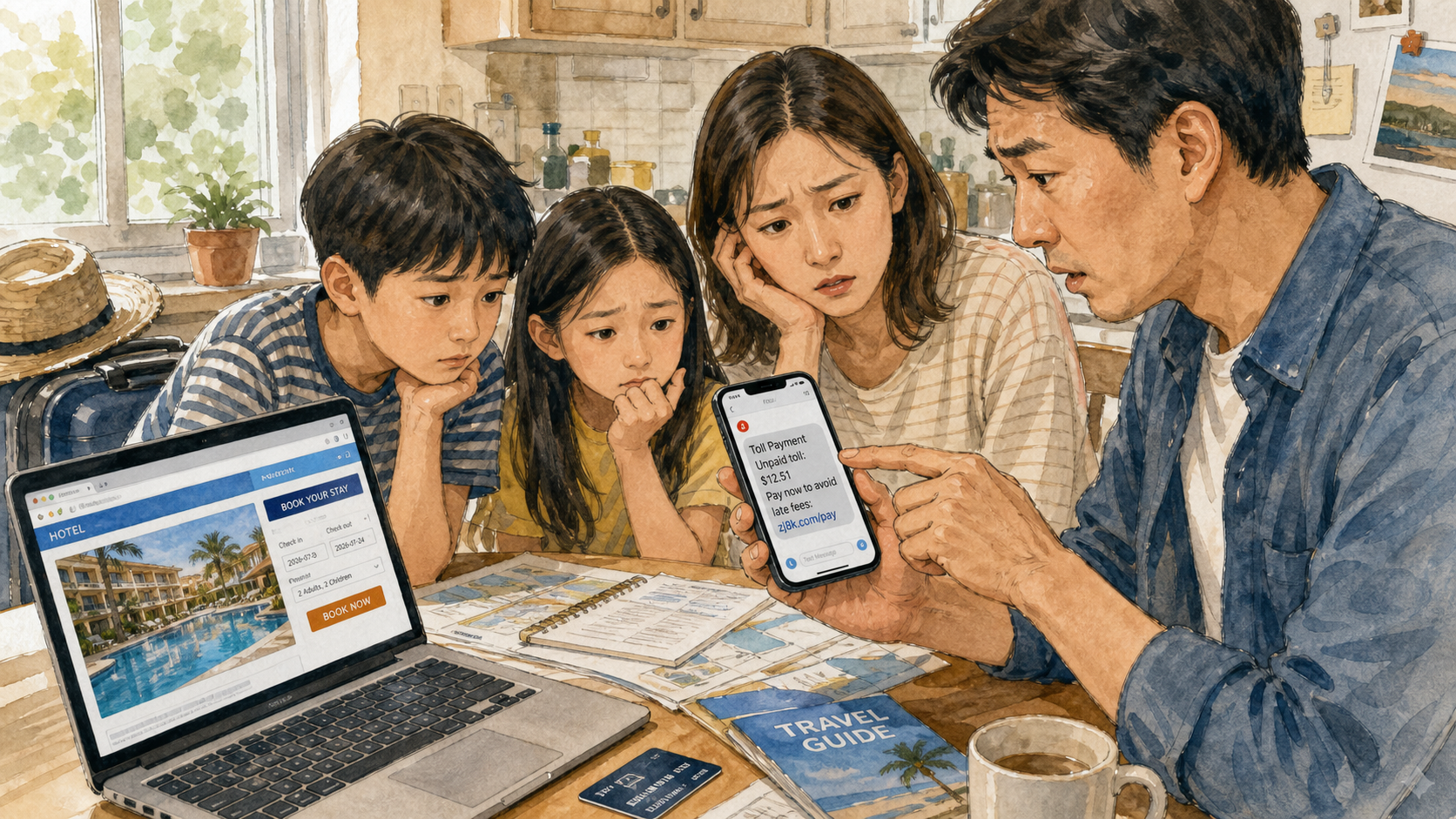 여행 검색 화면과 수상한 톨게이트 문자, 가짜 할인 광고를 동시에 보는 가족의 수채화 스케치