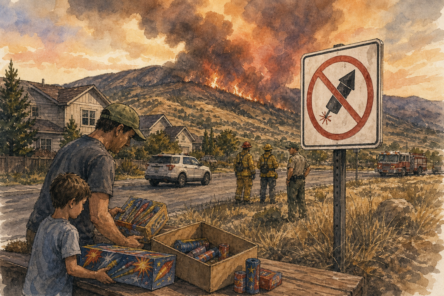 山火事の煙の下で片づけられる花火箱と制限標識を描いた水彩スケッチ