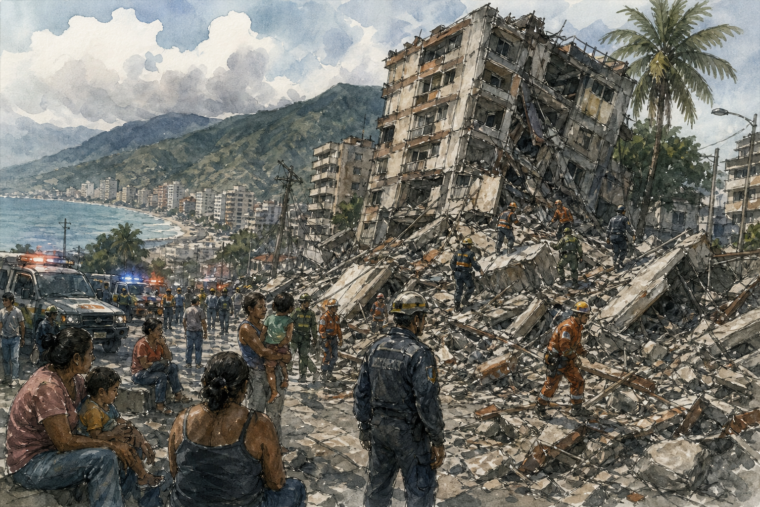 ベネズエラ沿岸部の地震被災地で捜索する救助隊の水彩スケッチ