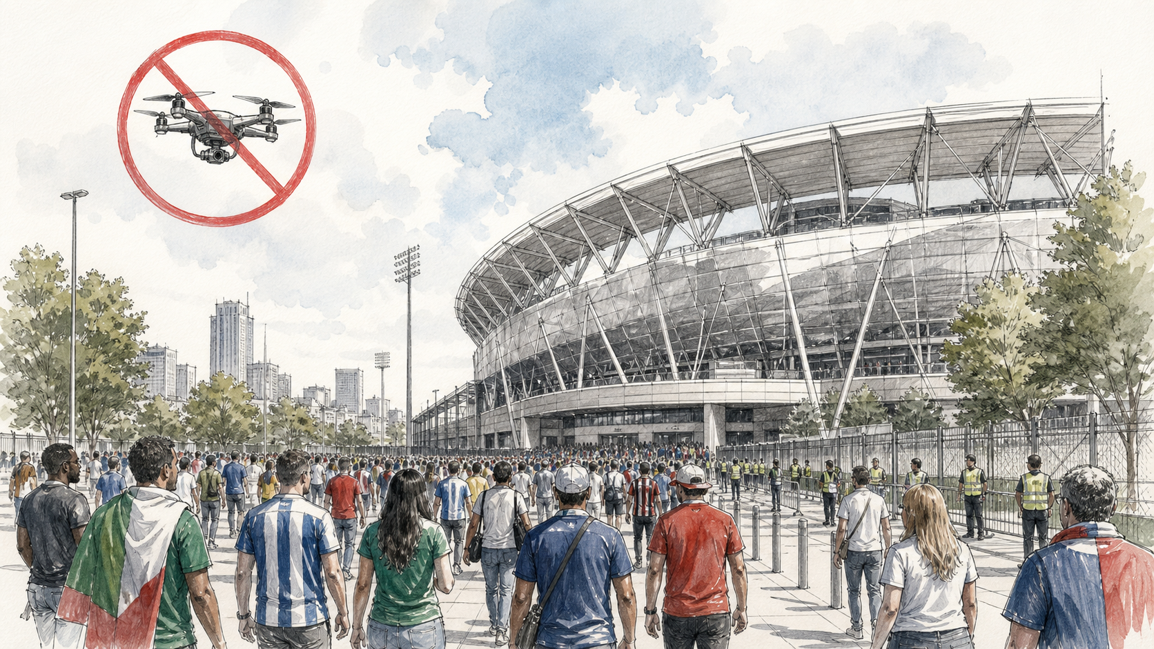 Sketch illustration of fans walking toward a World Cup stadium with a no-drone symbol in the sky