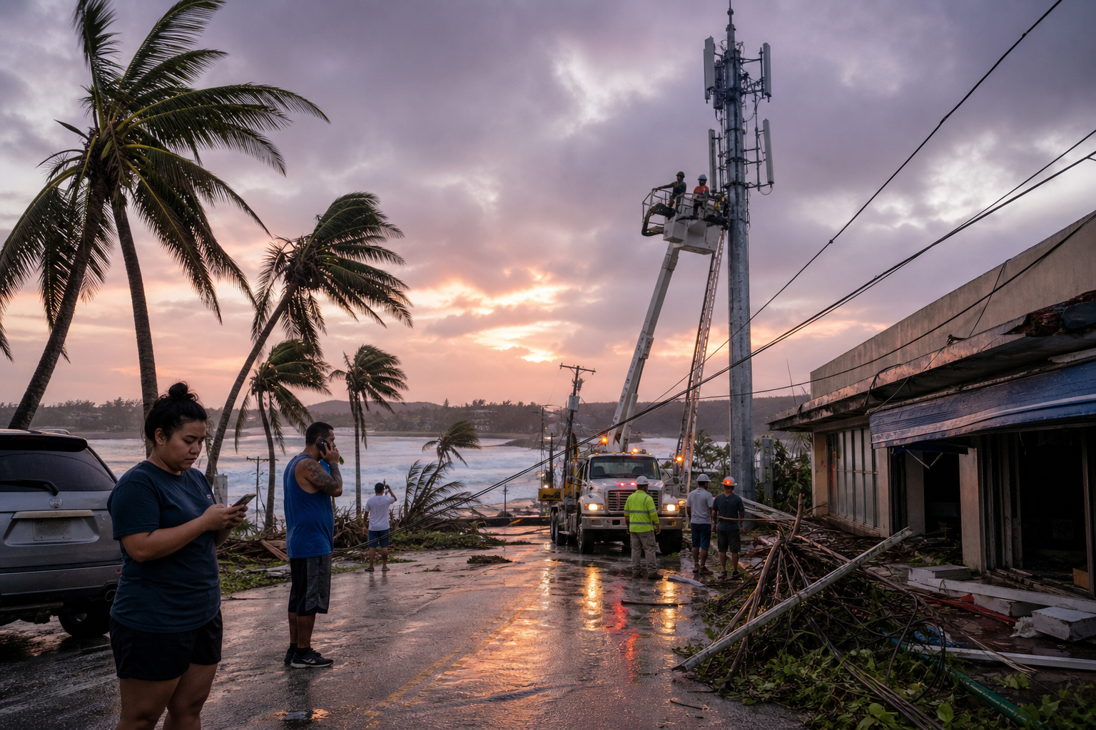 Residents on a wet tropical street checking weak phone signal while repair crews work near a cell tower