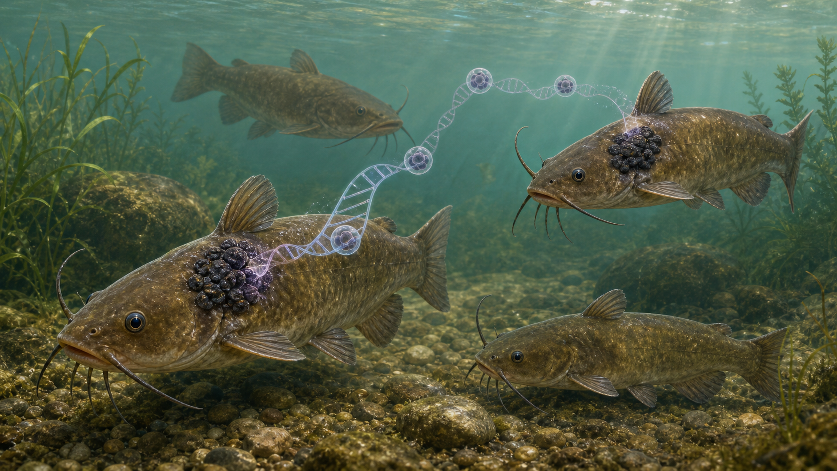 Hình hệ sinh thái nước ngọt giải thích tổn thương da và lan truyền dòng tế bào ung thư ở brown bullhead catfish