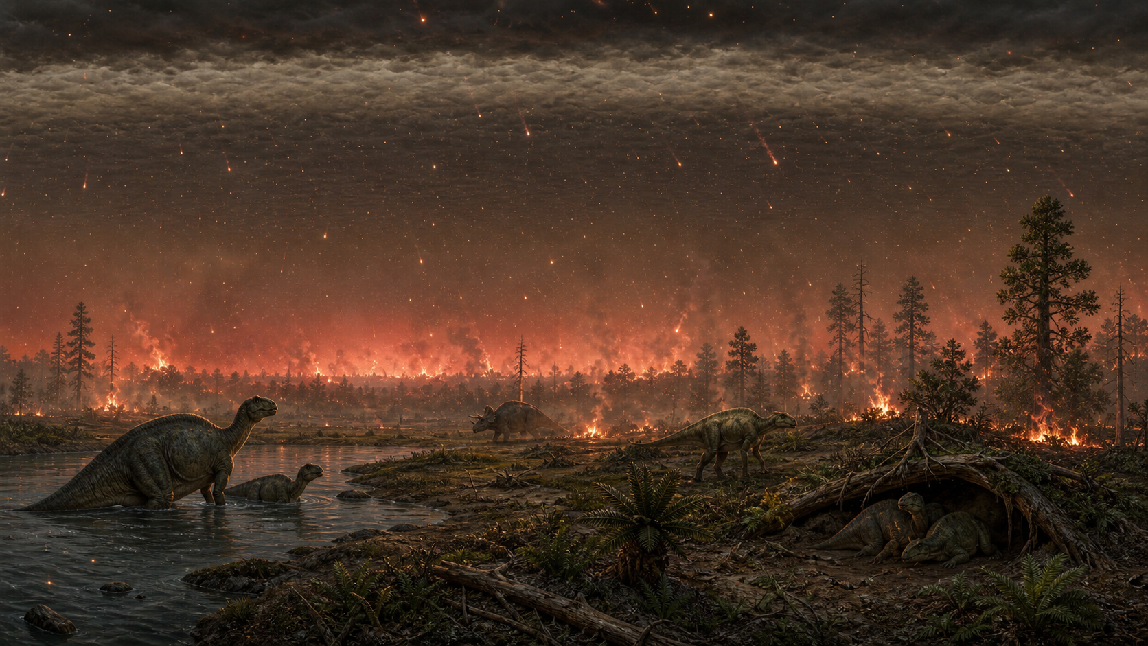 暗い塵の層の下に熱い岩石粒子が降り、水や穴へ逃げる白亜紀動物を描いた科学説明画像