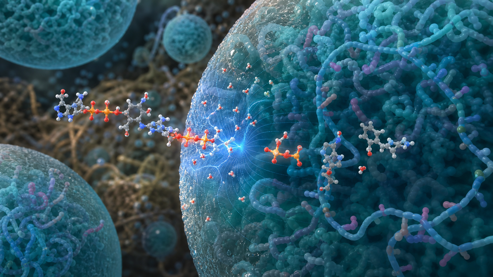 Produced molecular view of water and ATP-like molecules reacting at a biomolecular-condensate interface