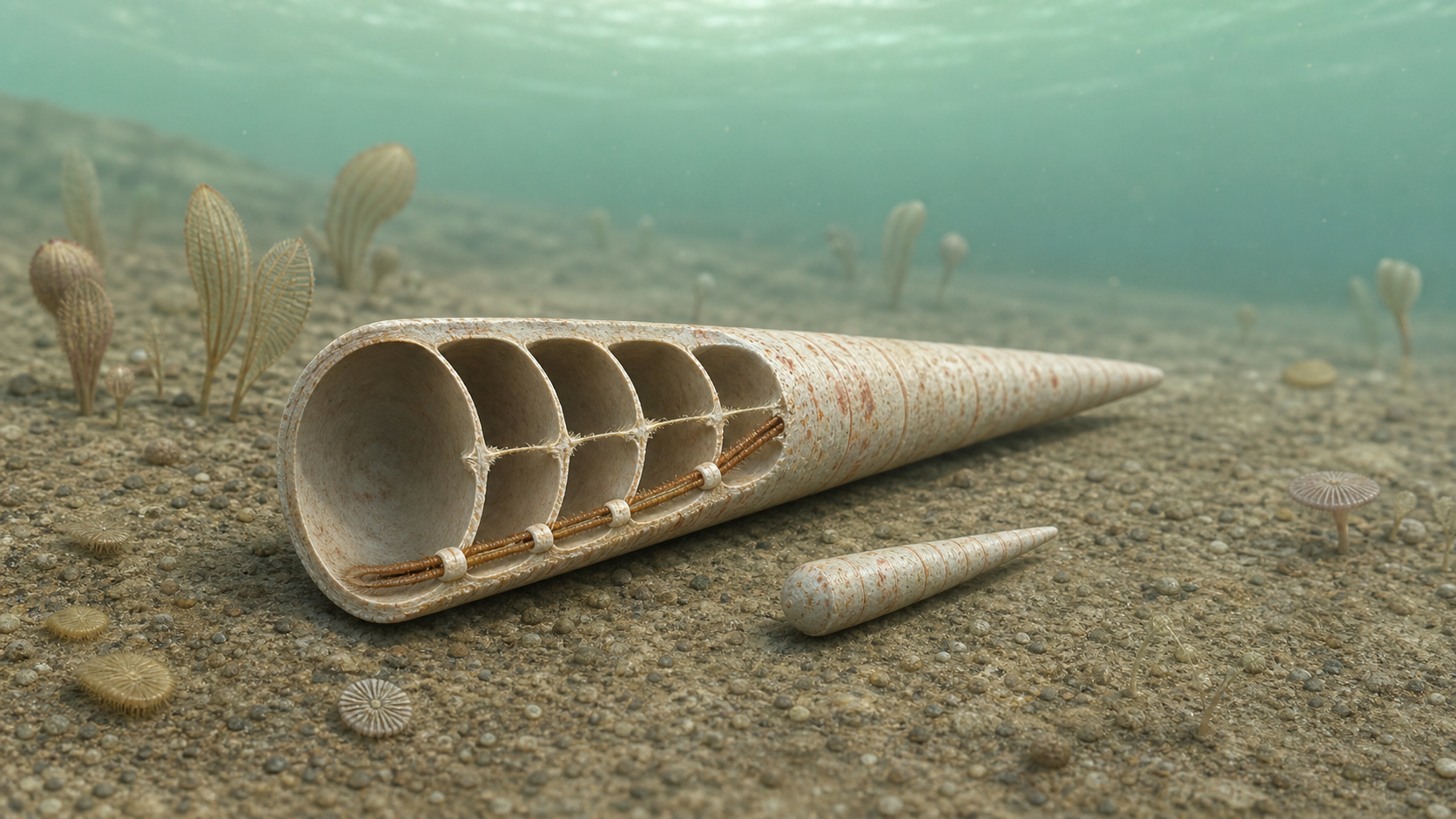 Explanatory reconstruction of an early Cambrian seafloor and the chambered conical shell of Eoceras in cutaway