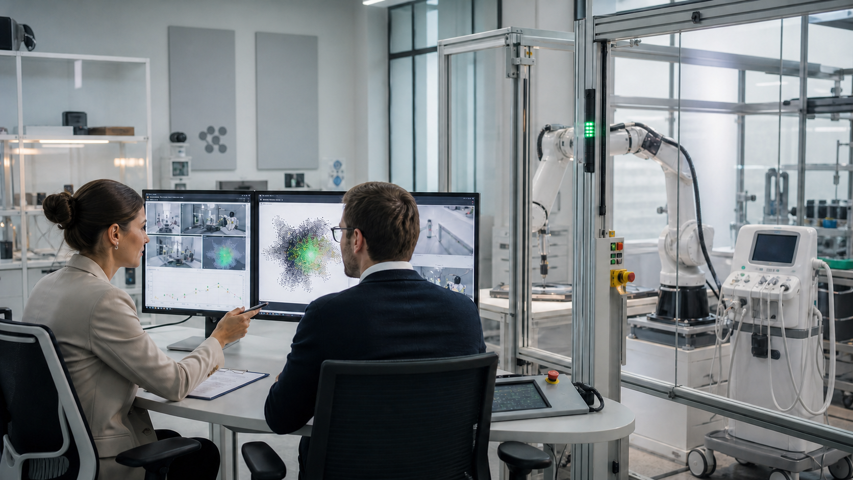 Produced image of technical and compliance staff supervising tests of industrial and medical-device AI behind a safety enclosure