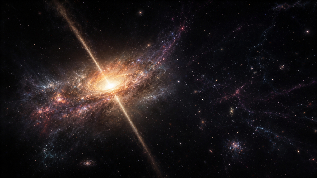 Scientific artist impression of an active supermassive black hole and quasar in the early Universe