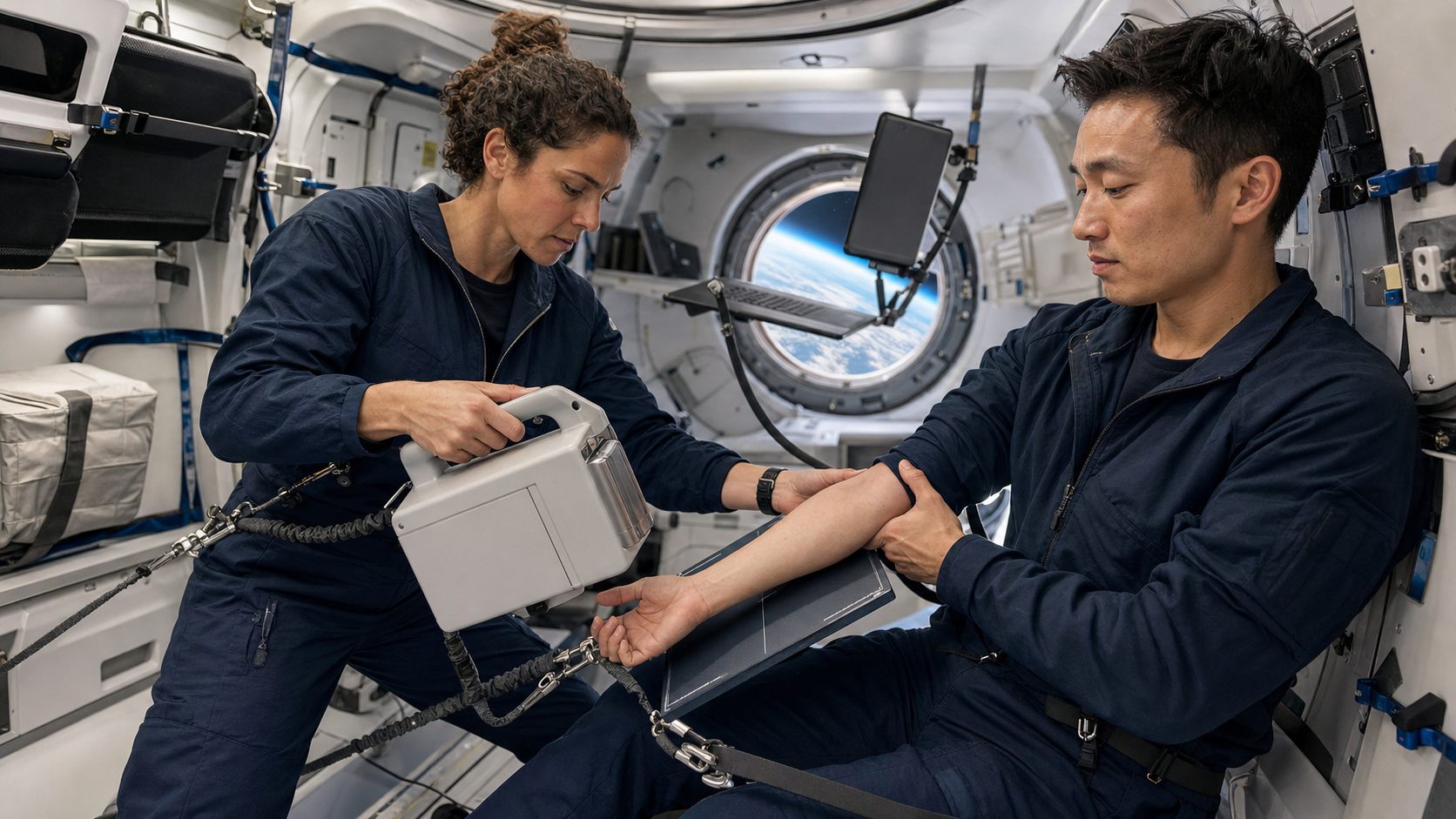 小型宇宙船内で乗員が携帯X線装置を同僚の前腕に使う説明画像