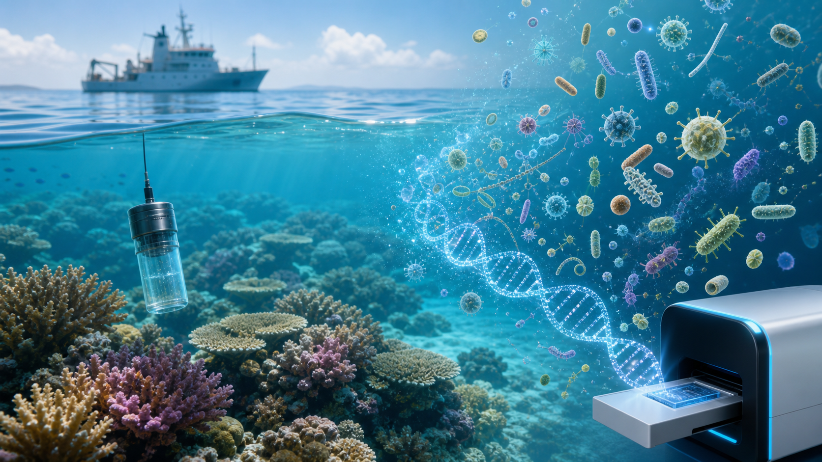 Produced image explaining Great Barrier Reef seawater microbes and genome analysis