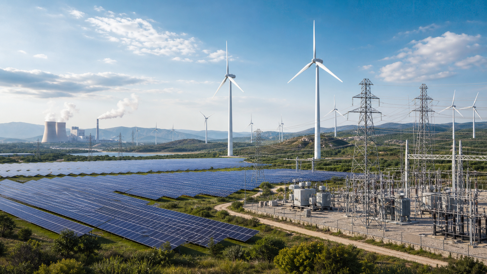 Produced explanatory image of solar, wind, grids and a remaining thermal power station