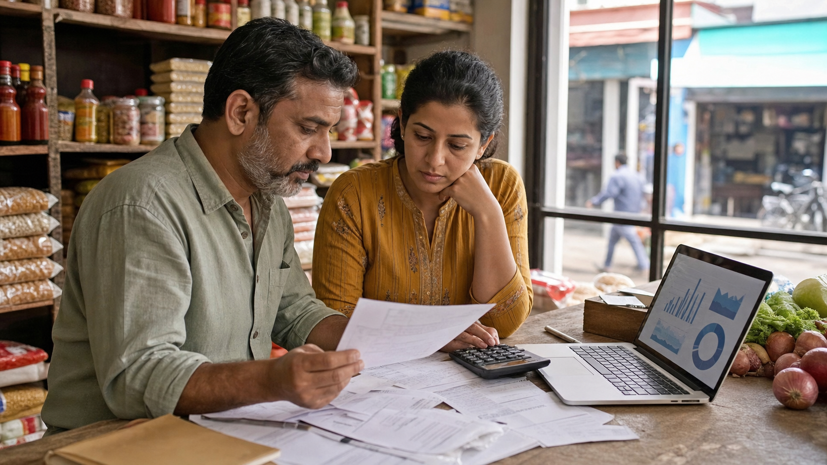 Two neighborhood shop operators recalculating costs with invoices and a laptop