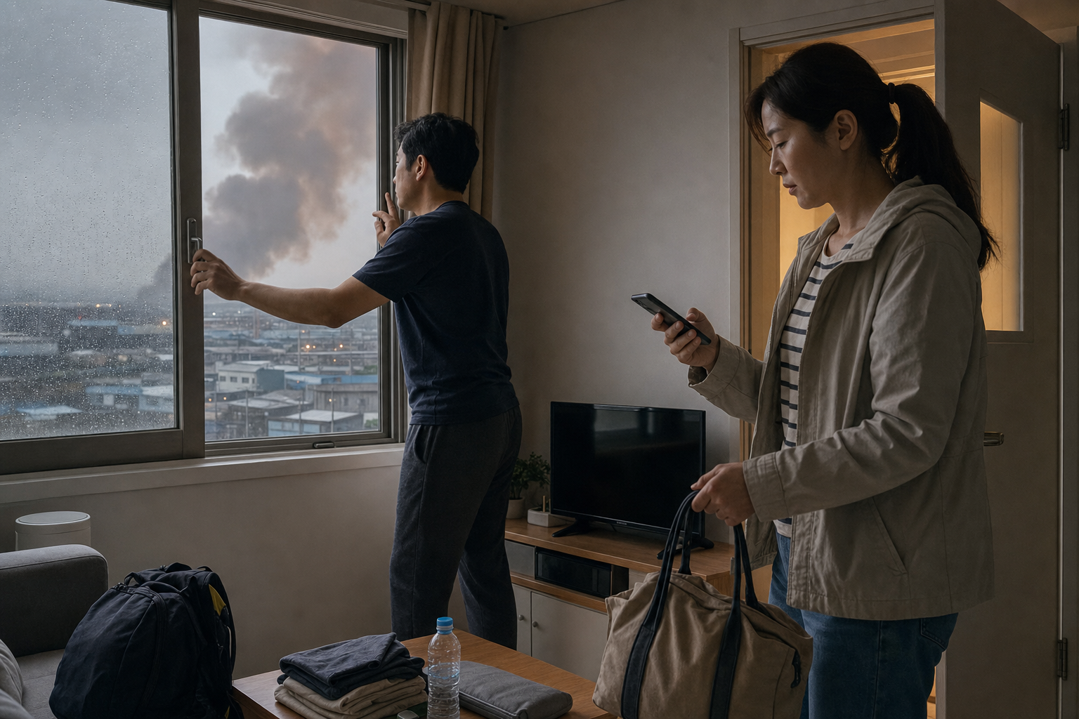 비 오는 저녁 인천의 한 아파트에서 주민이 창문을 닫고 다른 주민이 휴대전화 재난 안내와 대피 가방을 확인하는 재구성 장면