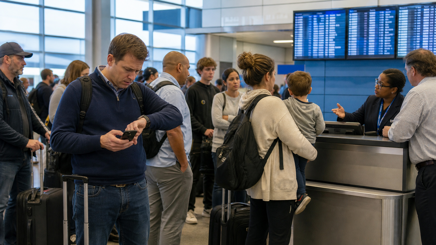 空港のサービスカウンター前で旅行者が並び、1人の乗客がスマートフォンで遅延情報を確認している場面