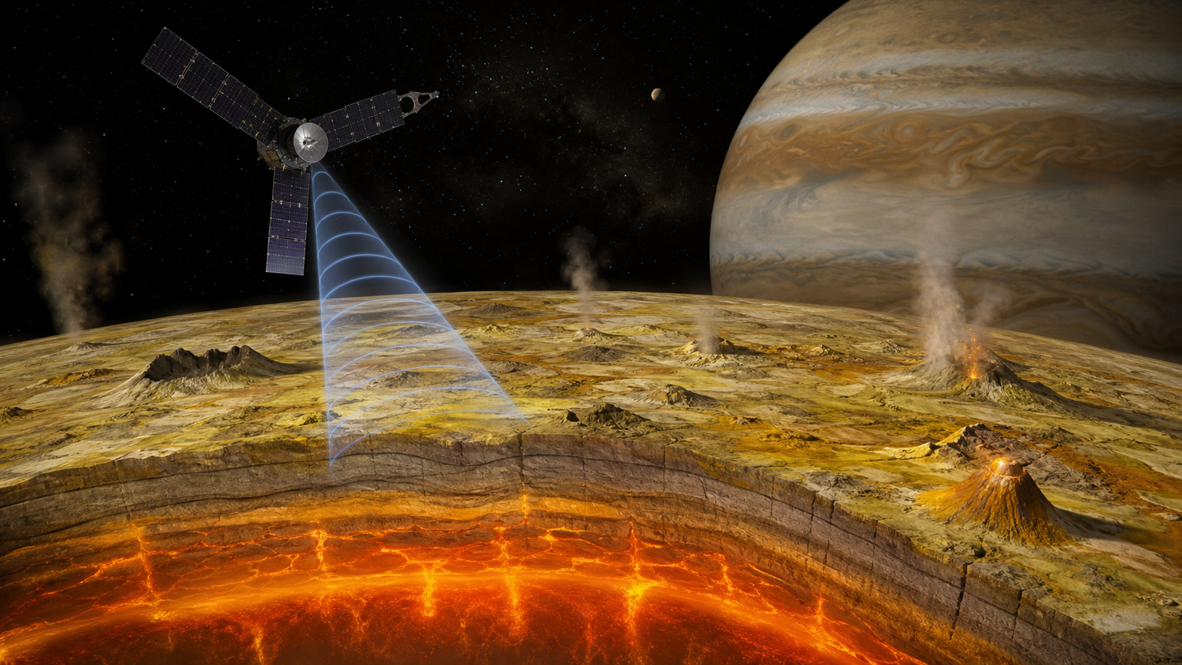 Concepto de exploración espacial con Juno usando microondas para sondear calor bajo Io