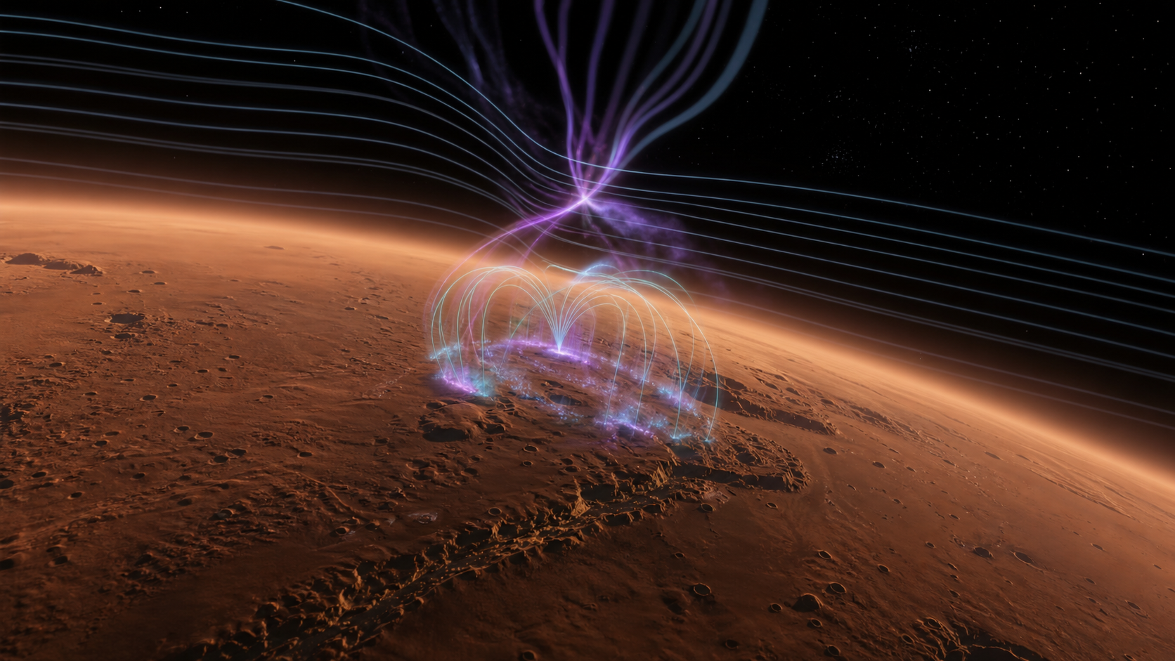 火星南部の局所地殻磁場と太陽風再結合を示す制作科学画像