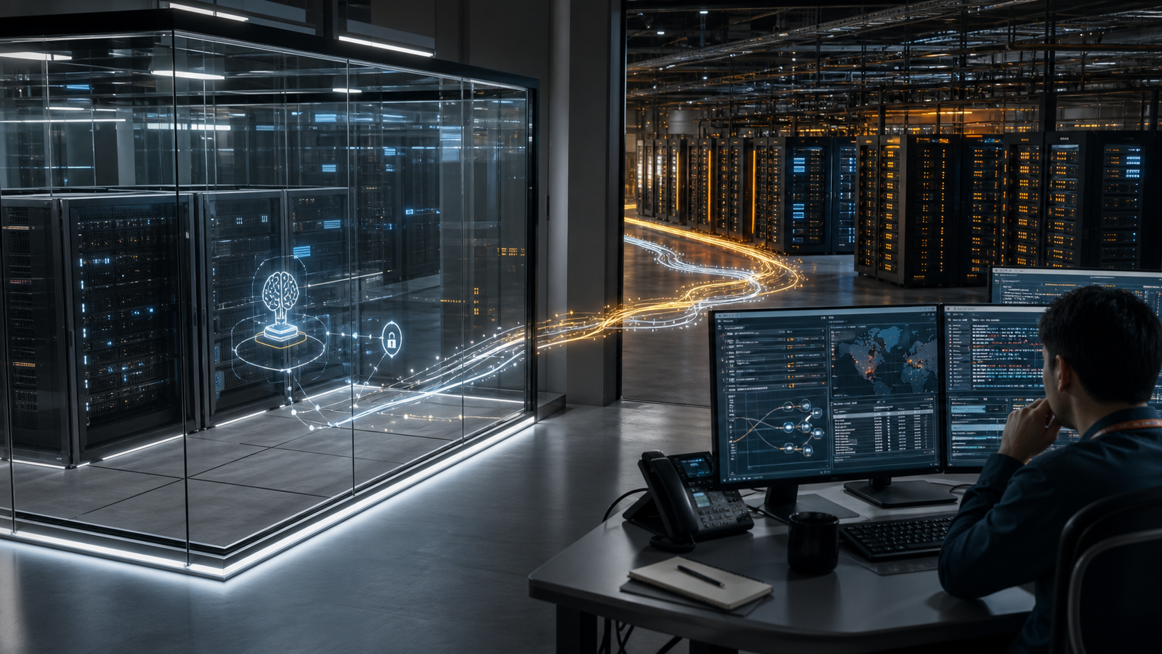 Cybersecurity concept showing an anomalous path from an isolated AI evaluation environment to production servers