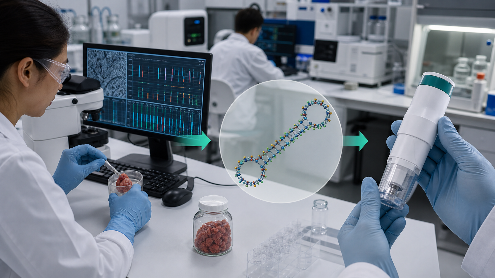 腫瘍生検解析から個別DNA、無針注入器へつながる生物医学説明画像