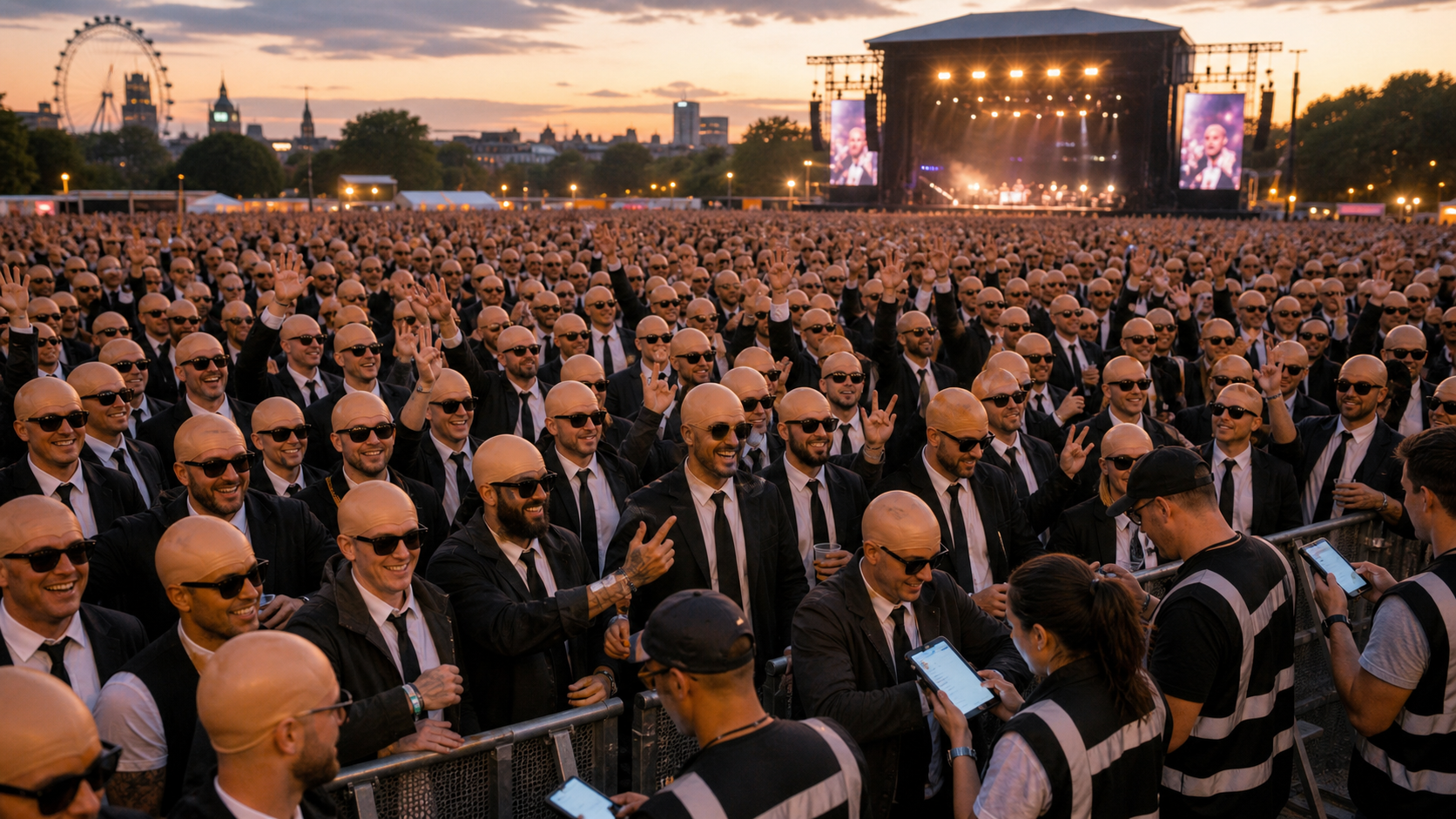 Imagen explicativa de una gran multitud en un concierto al aire libre con calvas falsas, trajes oscuros y gafas durante un recuento