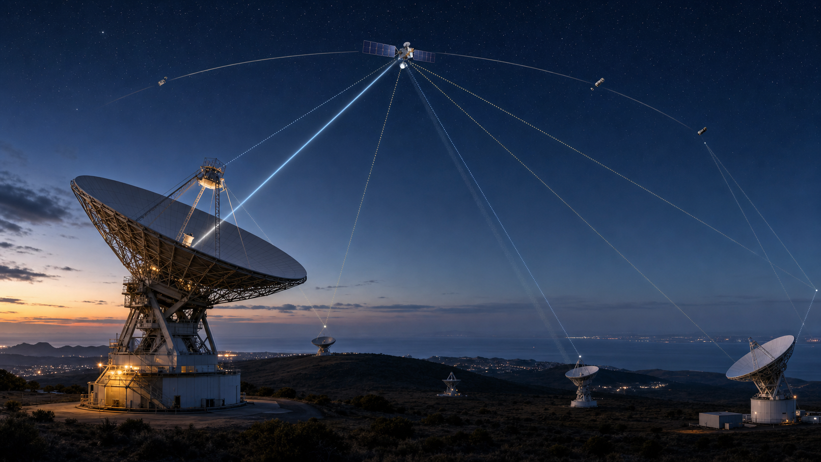 Produced explanatory image of large radio telescopes receiving faint reflections from objects in high orbit as a long-baseline multistatic radar