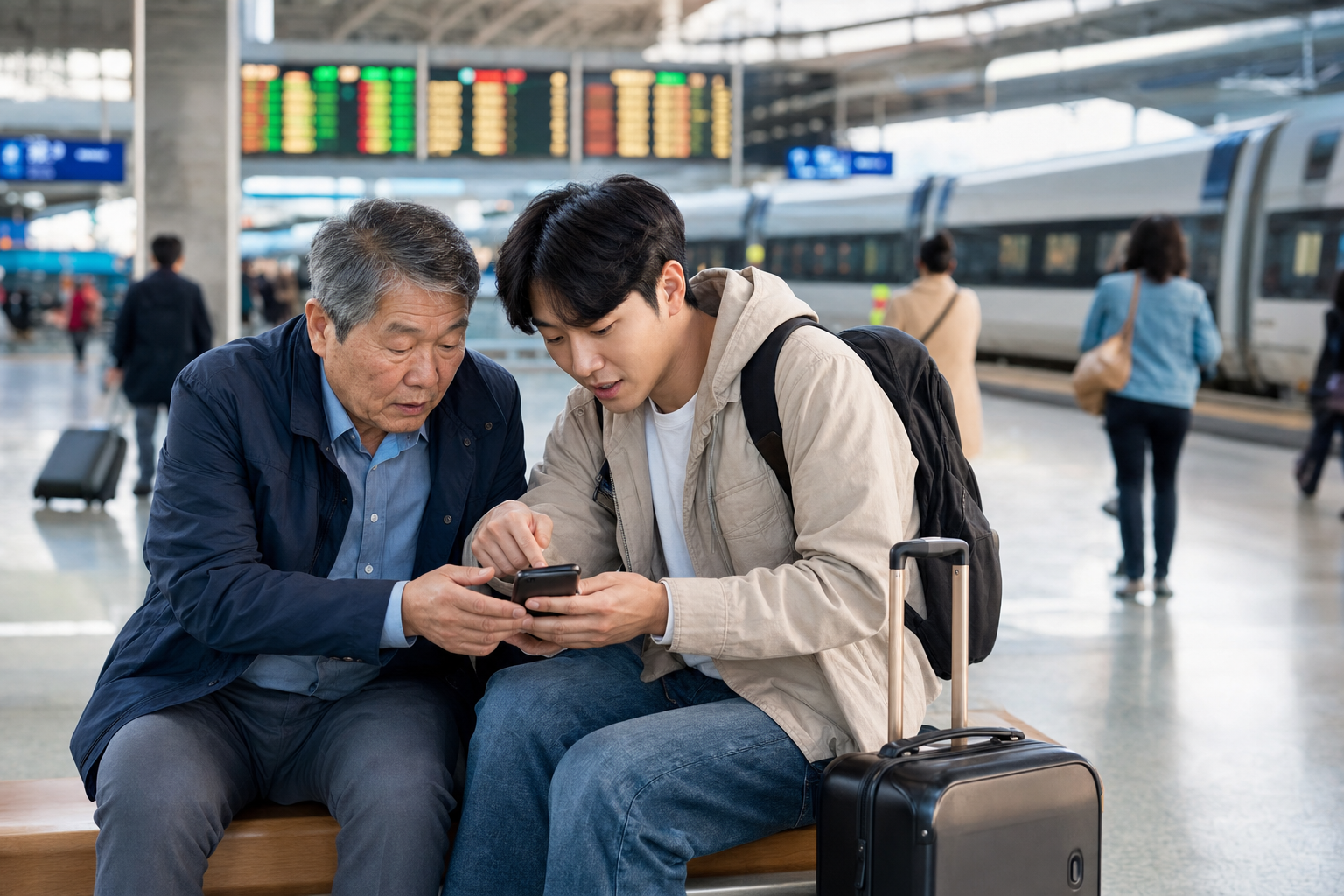 한국 고속철도역에서 고령 승객이 가족과 함께 휴대전화로 철도회원 전환을 확인하는 장면