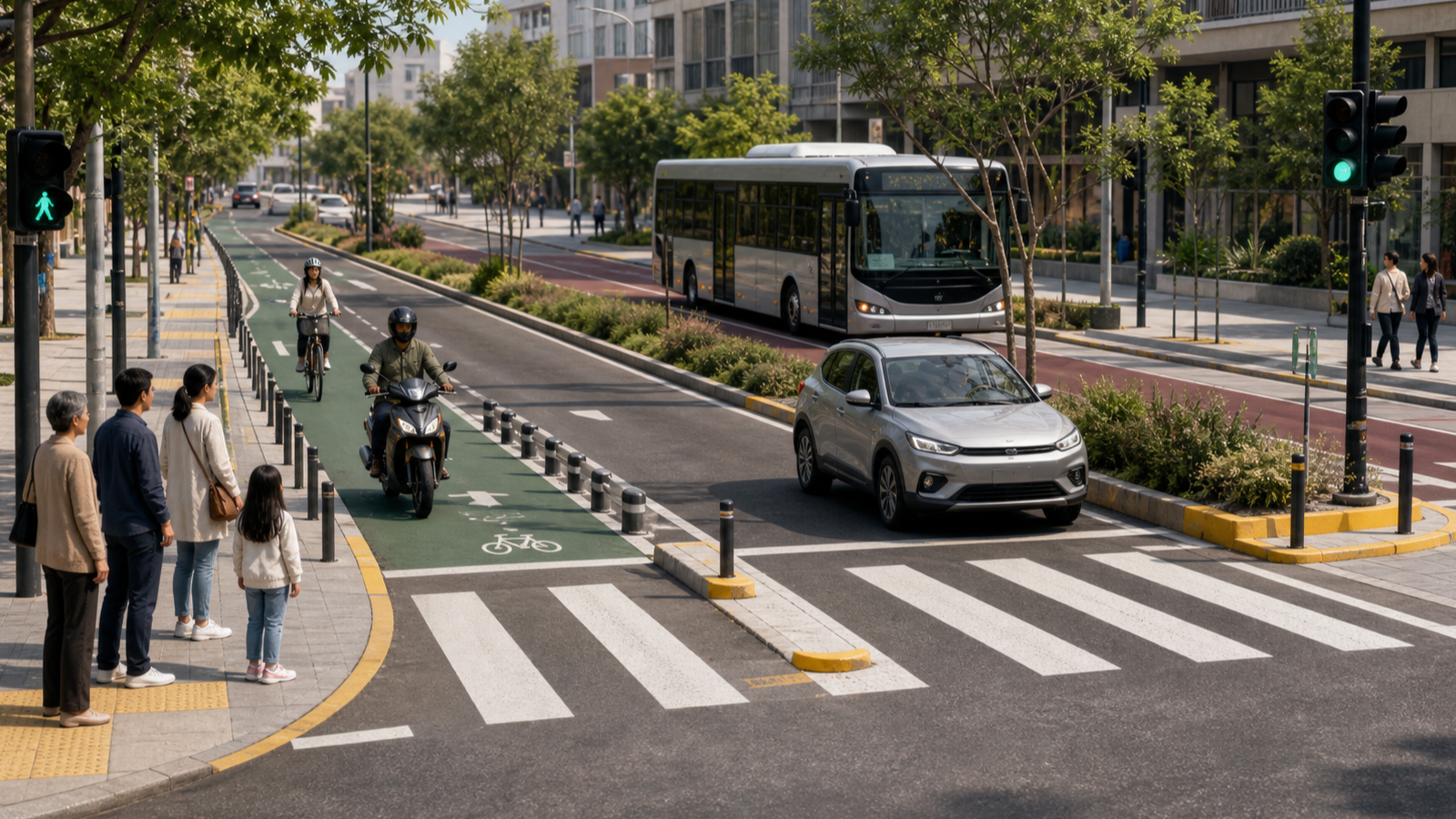 都市道路、自動車、オートバイ、安全サインを示す道路安全の制作画像