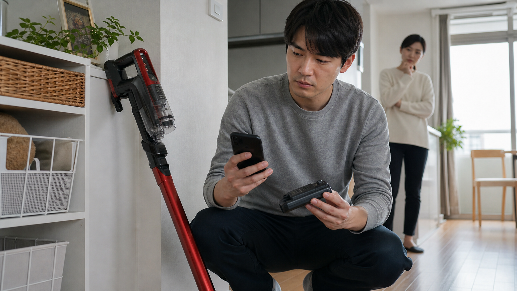 집 안에서 한 사람이 무선청소기 손잡이에서 배터리를 분리하고 휴대폰의 리콜 안내를 확인하는 장면