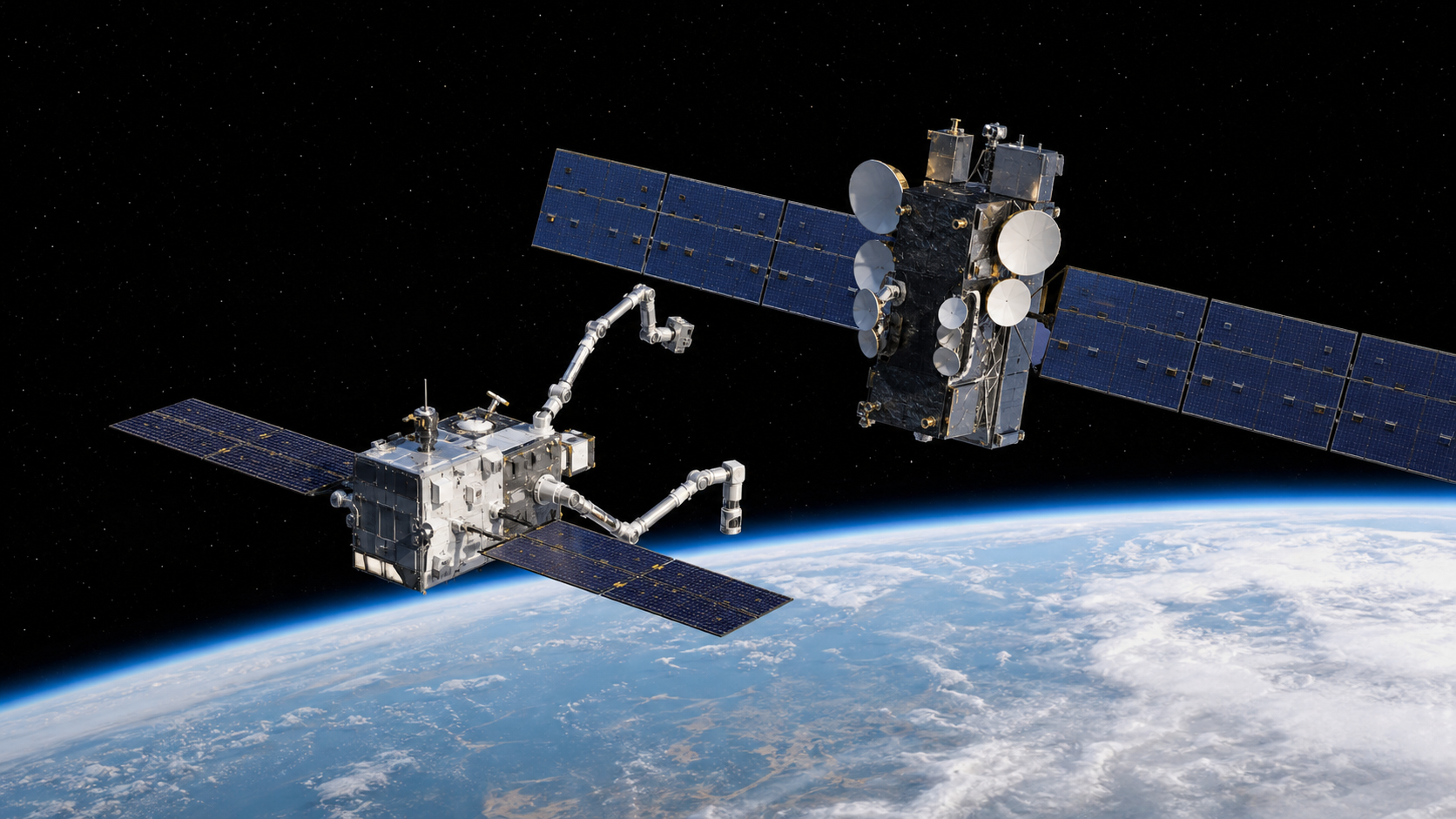 双腕の整備宇宙機が静止軌道の通信衛星へ安全に接近する制作説明画像