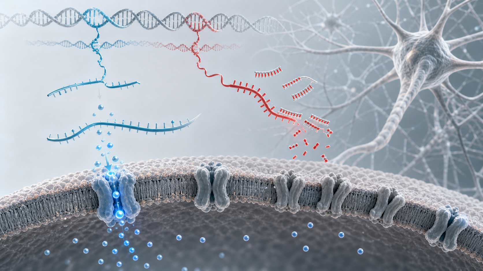 Hình khoa học minh họa ASO cá nhân hóa ức chế RNA từ bản sao SCN2A đột biến trong khi giữ bản sao bình thường hoạt động