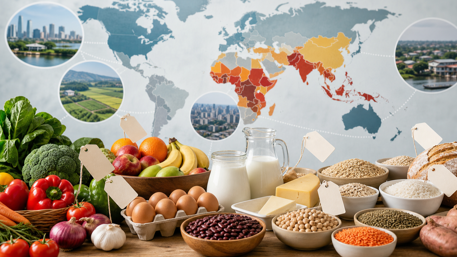 世界地図、生鮮食品の買い物かご、健康的な食事の費用格差を示す制作画像