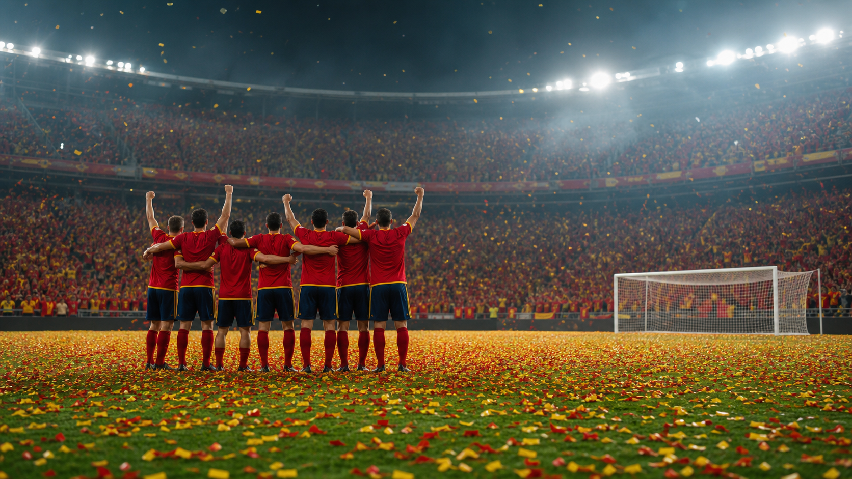 Imagen generada de jugadores de rojo celebrando juntos tras una gran final