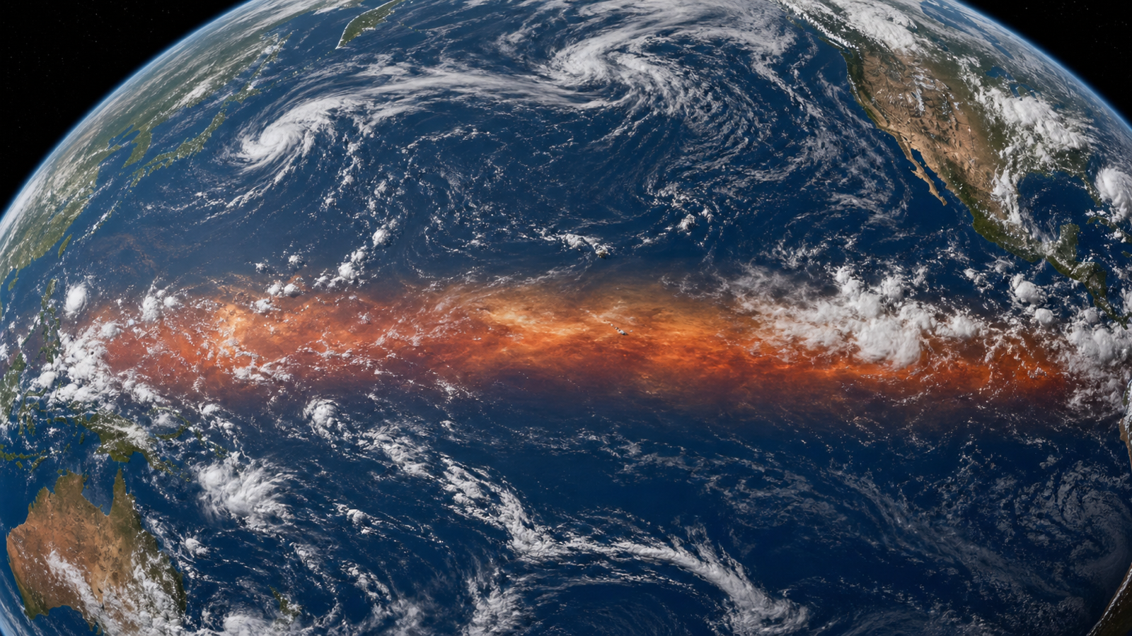 Vista satelital generada del calentamiento anómalo del Pacífico ecuatorial