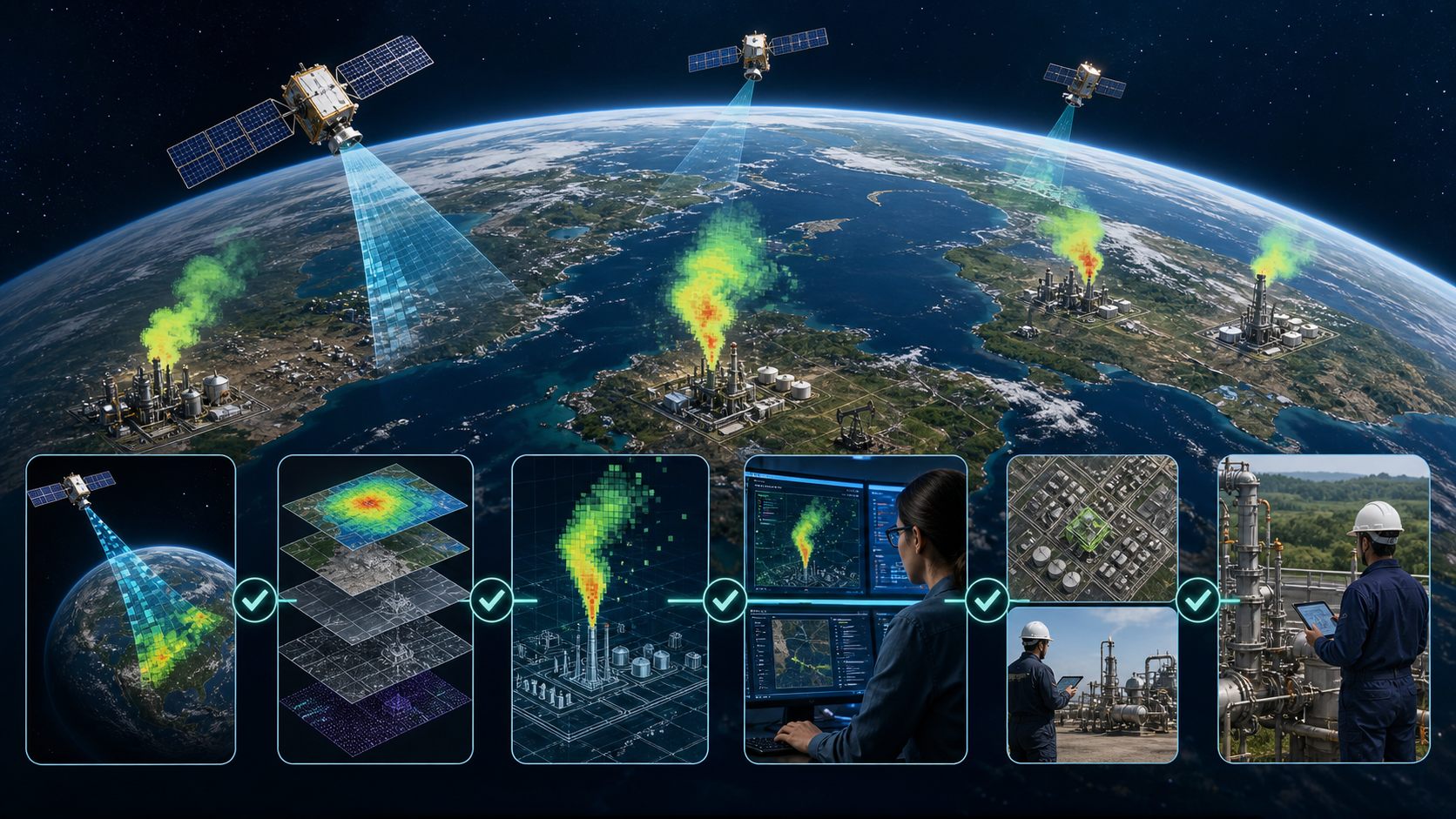 Imagen producida que explica cómo IA y satélites detectan fuentes de metano y las conectan con verificación y mitigación