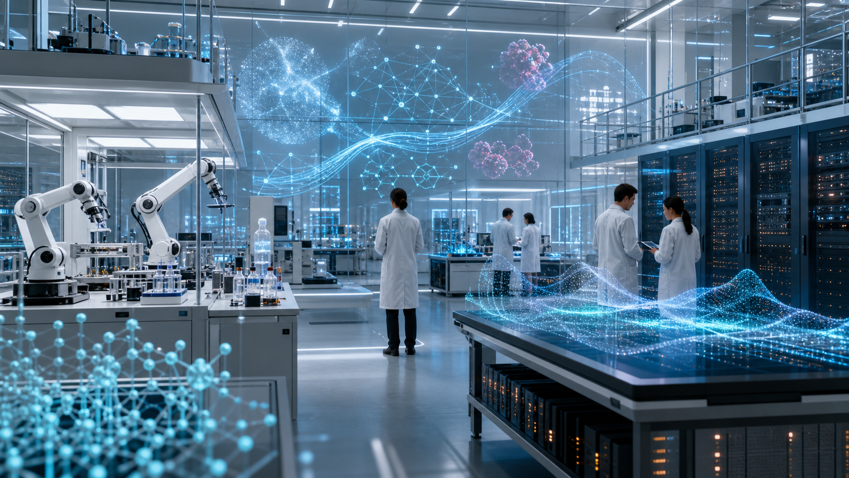 AI研究平台连接自动化科学设备的概念图片