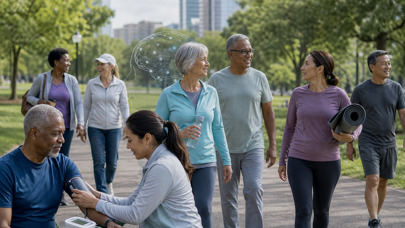 Generated image combining walking, health monitoring and social connection