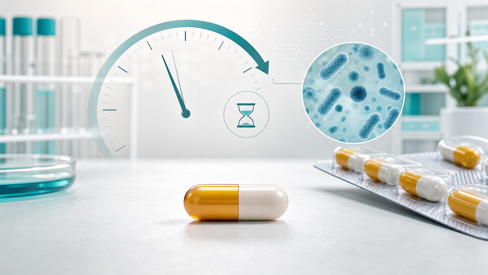 Imagen clínica producida de medicamento sin marca, tiempo, bacterias y vigilancia de resistencia