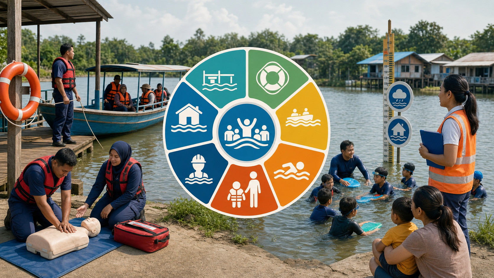 Explanatory image showing drowning prevention policy, rescue training, swimming education, and flood preparedness